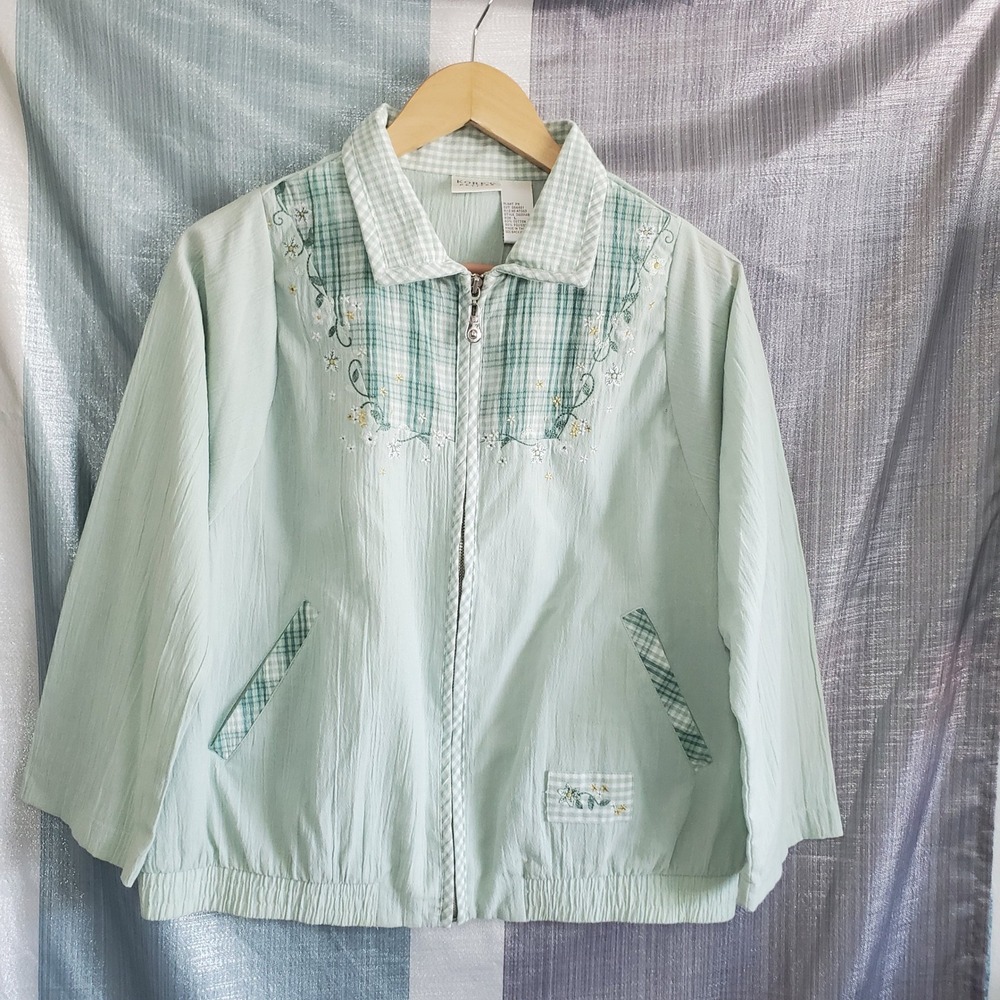 VTG Koret Petites Mint Green Floral Embroidered Gingham Zip Jacket‎ L Picnic